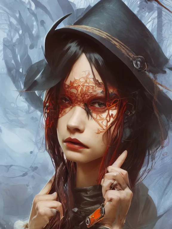 Image similar to Full shot of a mischievous young witch about to get up to some trouble. Latin American fashion. Black and Orange palette. Latina girl. brown skin. Symmetrical facial features. By Ruan Jia and Artgerm and Range Murata and WLOP. Key Art. Fantasy Illustration. award winning, Artstation, intricate details, realistic, Hyperdetailed, 8k resolution.