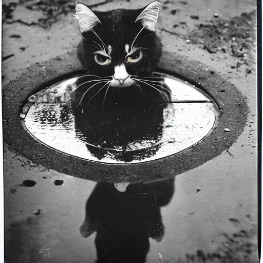 Image similar to wide-shot very low-angle eyesight first-person reflection of a cat in the puddle at the street, polaroid photo, by Andy Warhol, signed