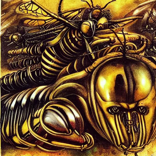 Image similar to bumblebees attacking sleeping people in hell, art by bosch and h. r. giger, highly detailed, masterpiece