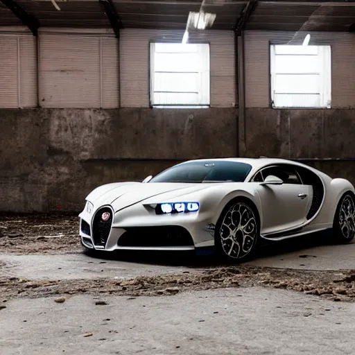 Image similar to an abandoned, derelict, ( really rusty ) bugatti chiron in a dirty warehouse