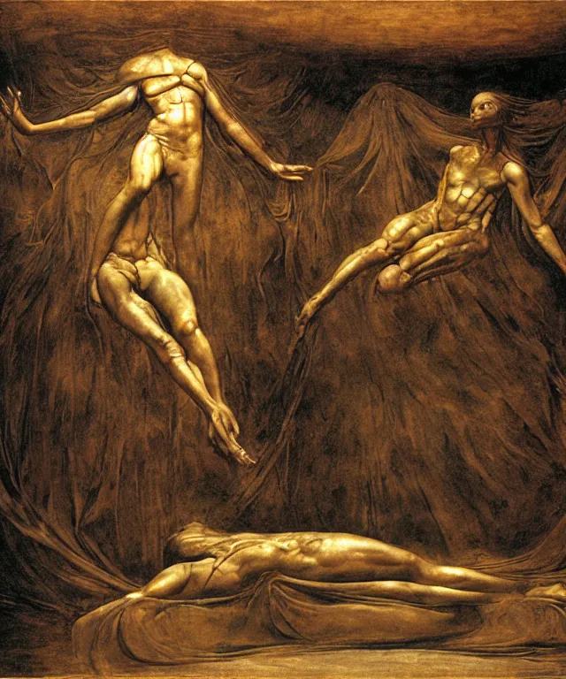 Image similar to The room without doors and windows with beautiful full-body wax sculpture of a glowing transparent woman with visible golden bones inside it in the singularity where stars becoming baroque folds of dark matter by Michelangelo da Caravaggio, Nicola Samori, William Blake, Alex Grey and Beksinski, dramatic volumetric lighting, highly detailed oil painting, 8k, masterpiece