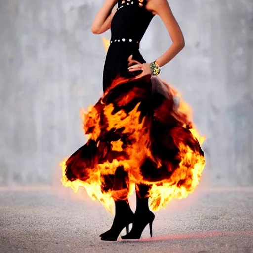 Prompt: “ a full - body fashion photograph of a hispanic fashionista wearing dresses made out of fire, high quality, high definition, ultra hq, highly detailed ”