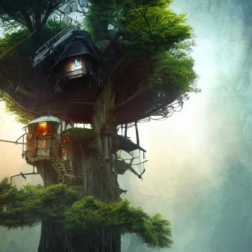 Prompt: tree houses in a solar punk future, trending on artstation, octane rendering, cinematic lighting, camera obscura, water color texture, inspired by da vinci, inspired by rembrandt, inspired by ghibli, inspired by alan moore, inspired by blade runner, hyper realistic detail, very very very detailed, super detailed