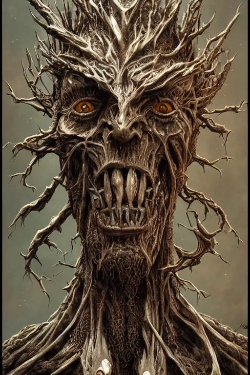 Image similar to full body concept art of Treebeard wearing iron man armor made with porcelain by Jeff Easley and Peter Elson + beautiful eyes, beautiful face + symmetry face + galaxy + gothic, surreal, dread + highly detailed, intricate complexity, epic composition, magical atmosphere + masterpiece, award winning + trending on artstation