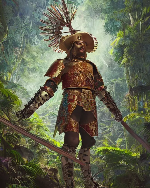 Image similar to 3d render of a spanish conquistador wearing ornate armor in a dense jungle, art by nicola saviori and studio ghibli and disney concept artists, fantasy, intricate, octane, trending on artstation, studio ghibli color scheme, cgsociety, detailed, 8k, concept art, anatomy, symmetric