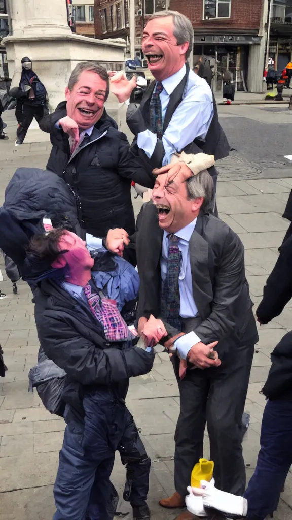 Image similar to nigel farage laughing maniacally at homeless person