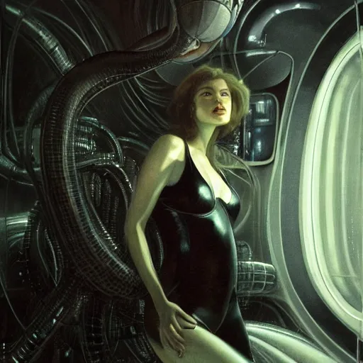 Prompt: epic masterpiece full body portrait a beautiful woman, with a beautiful face and flawless skin, lounging inside a spaceship designed by H.R. Giger, dark background, eerie fog, by Edgar Maxence and Ross Tran and Michael Whelan