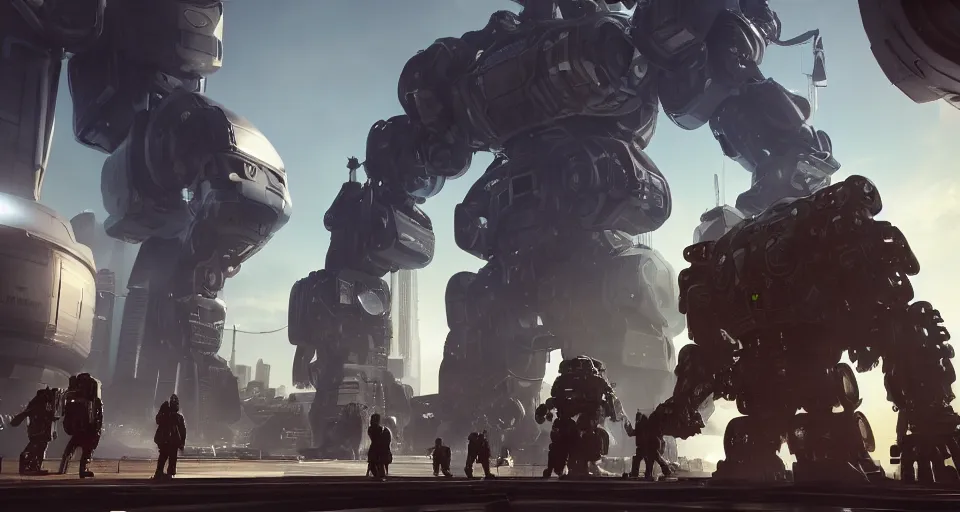 Image similar to a photo of a giant mech towering over astronauts in a futuristic city, ultra realistic, hyper - detailed, unreal engine, raytraced lighting,