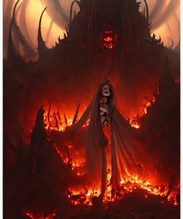 Image similar to Purgatory, fire in hell. A crowd of sinful people is burning in hell in hellfire. The gateway to the infernal underworld. Devils demons and ghouls torment sinful people, highly detailed, digital painting, artstation, concept art, smooth, sharp focus, illustration, art by artgerm and greg rutkowski and alphonse mucha