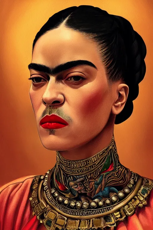 Image similar to rap album cover featuring frida kahlo wearing gangster thug outfit, staring directly into camera, intricate, elegant, dramatic lighting, highly detailed, digital painting, artstation, sharp focus, illustration, art by wlop, mars ravelo and greg rutkowski