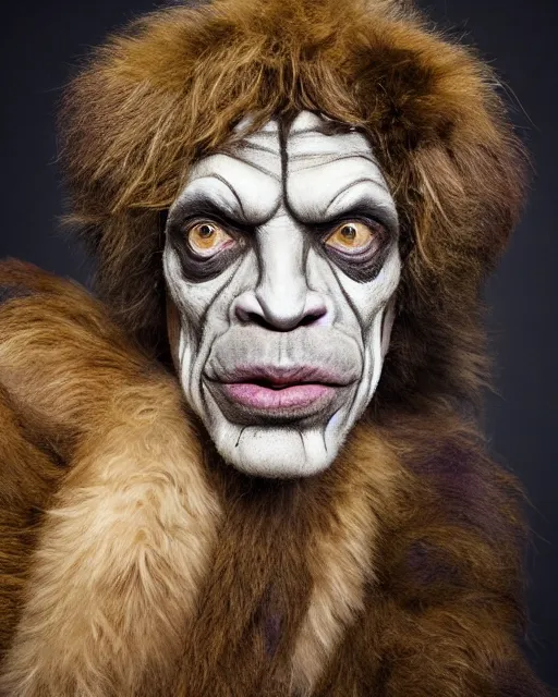 Image similar to actor Mick Jagger in Elaborate Pan Satyr Goat Man Makeup and prosthetics designed by Rick Baker, Hyperreal, Head Shots Photographed in the Style of Annie Leibovitz, Studio Lighting