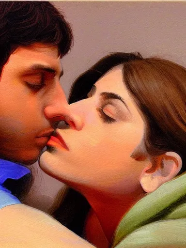 Image similar to masterpiece painting by salman toor, of a solo individual portrait of a guy and a girl kissing, cinematic light, renaissance, atmospheric effects, artstation