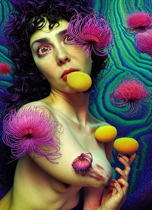 Image similar to hyper detailed 3d render like a Oil painting - Ramona Flowers with wavy black hair wearing thick mascara seen Eating of the Strangling network of colorful yellowcake and aerochrome and milky Fruit and Her staring intensely delicate Hands hold of gossamer polyp blossoms bring iridescent fungal flowers whose spores black the foolish stars by Jacek Yerka, Mariusz Lewandowski, cute silly face, Houdini algorithmic generative render, Abstract brush strokes, Masterpiece, Edward Hopper and James Gilleard, Zdzislaw Beksinski, Mark Ryden, Wolfgang Lettl, Dan Hiller, hints of Yayoi Kasuma, octane render, 8k