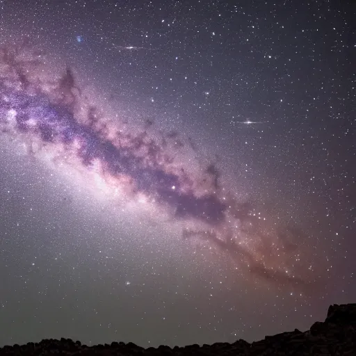 Prompt: Milky Way as seen in the night sky from spiky rock surface of an alien planet located in a different part of the galaxy, NASA true color 8k image, high detail