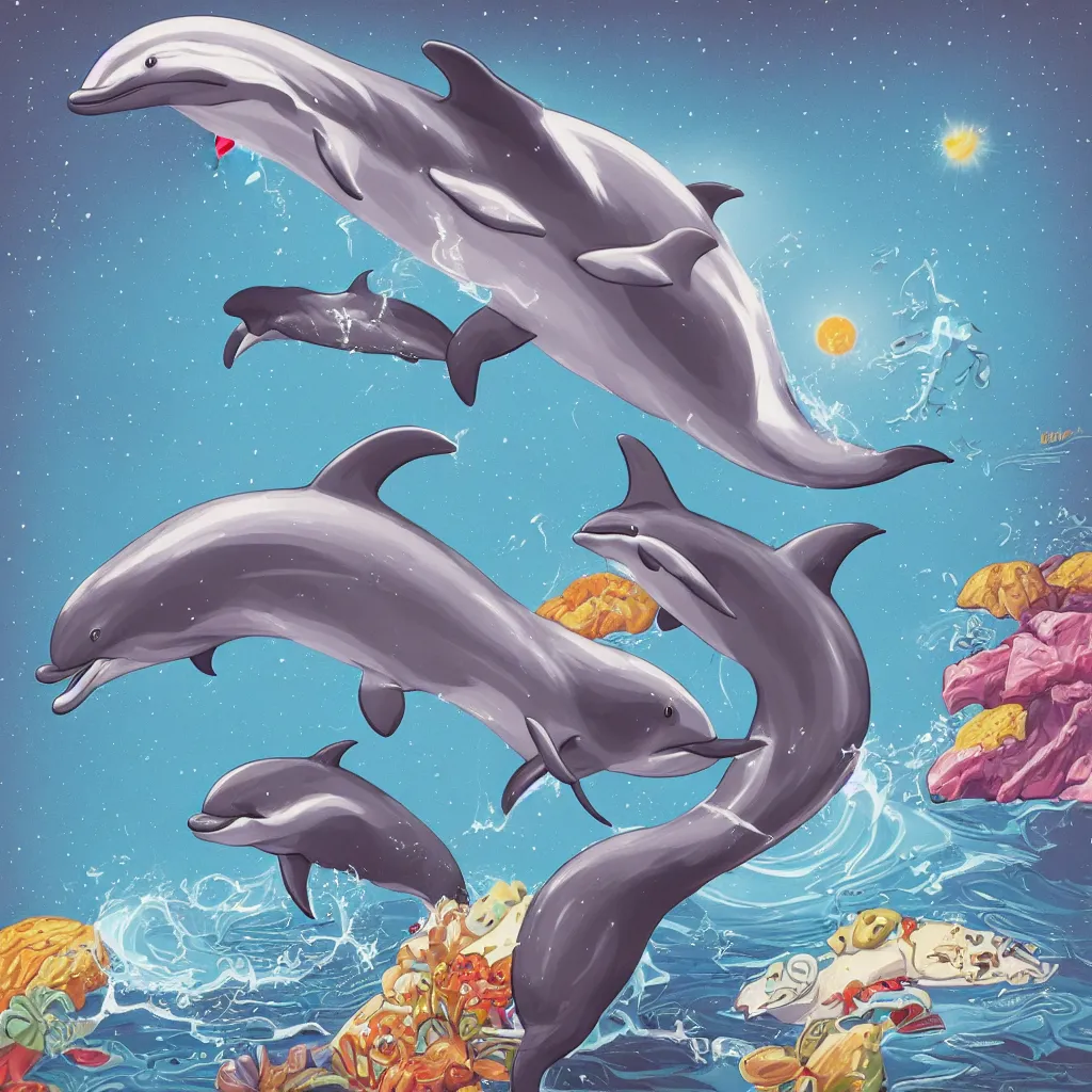 Image similar to retrofuturistic digital airbrush illustrated album cover of an anthropomorphic dolphin