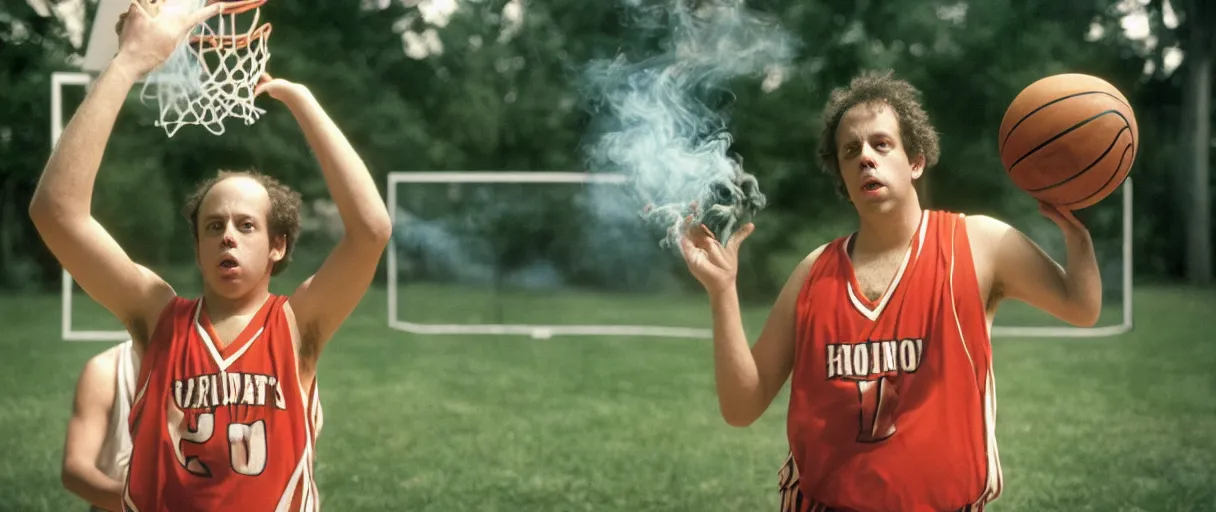 Image similar to award winning photo of todd solondz playing basketball in the hood and smoking weed, vivid colors, happy, symmetrical face, beautiful eyes, studio lighting, wide shot art by sally mann & arnold newman