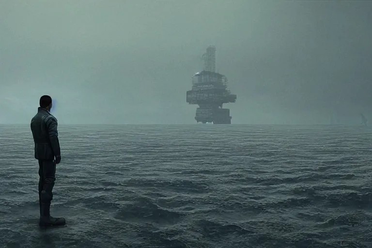 Image similar to a still from bladerunner 2 0 4 9 depicting a long shot photograph of a handsome asian man wearing wet weather gear. he stares intently into the camera with a worried expression. behind him is a futuristic oil rig in the deep ocean. sci fi, futuristic, cinematic, low light, soft focus.