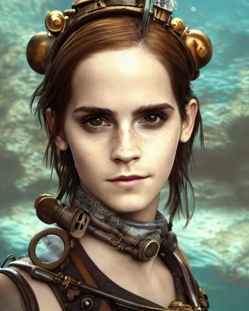 Image similar to underwater steampunk pirate portrait of emma watson, au naturel, hyper detailed, digital art, trending in artstation, cinematic lighting, studio quality, smooth render, unreal engine 5 rendered, octane rendered, art style by klimt and nixeu and ian sprigger and wlop and krenz cushart.