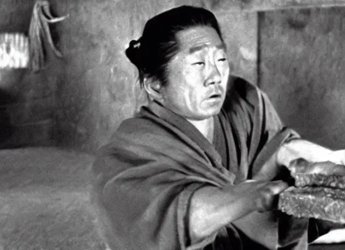 Image similar to a movie still of a samurai slicing a loaf of bread, a movie by Akira Kurosawa