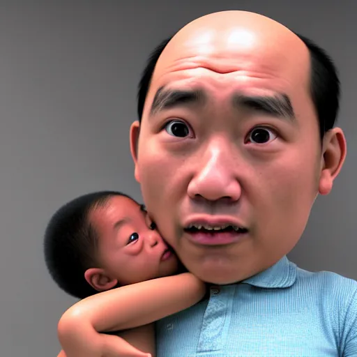 Image similar to shocked asian man holding african - american baby at hospital, he can't believe his eyes, award winning art, pixar, 3 d render, artstation