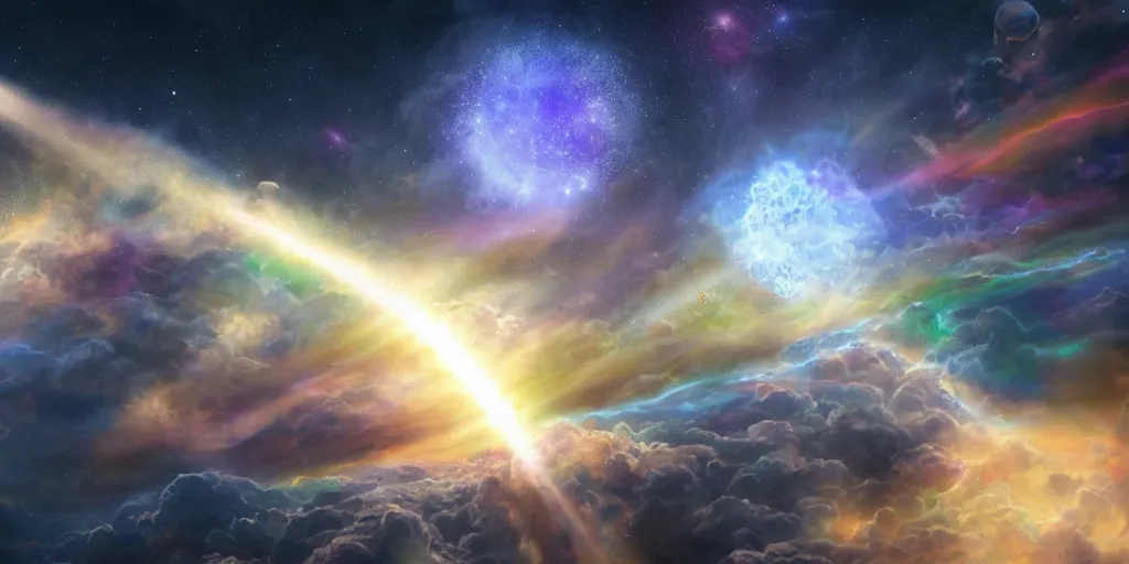 Image similar to Cosmic inflation bubbles peaking through the clouds, ascended master floating in the center emitting rays of consciousness concept art, matte painting, 8k, highly detailed, artstation, light being, high quality,