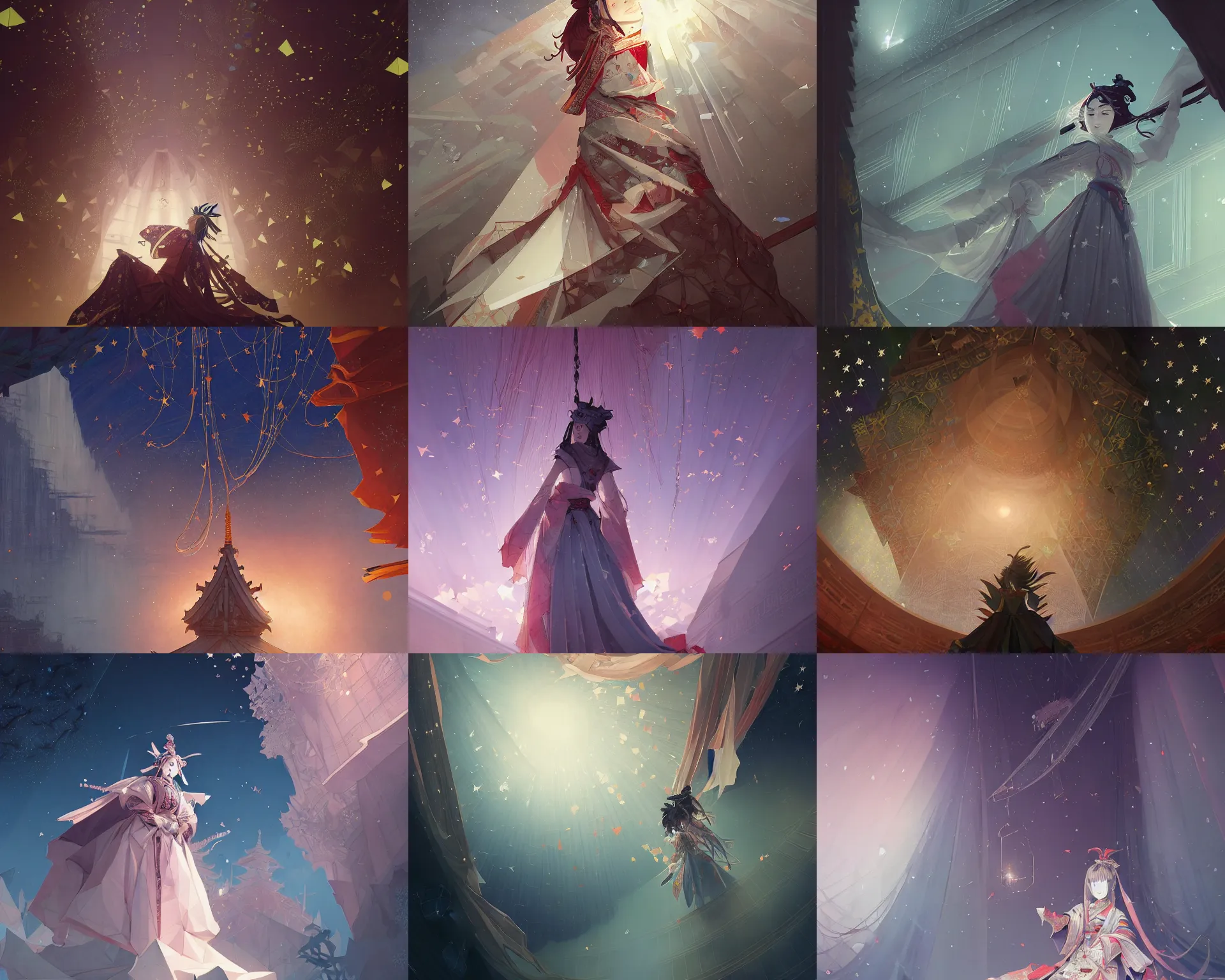 Prompt: shogun of polygonal dress with giant walls and glass ceilings showing the stars and hanging silk drapery and tapestries, light dust, magnificent, close up, details, sharp focus, elegant, highly detailed, illustration, by Jordan Grimmer and greg rutkowski and PiNe(パイネ) and 薯子Imoko and 香川悠作 and wlop and maya takamura, intricate, beautiful, Trending artstation, pixiv, digital Art