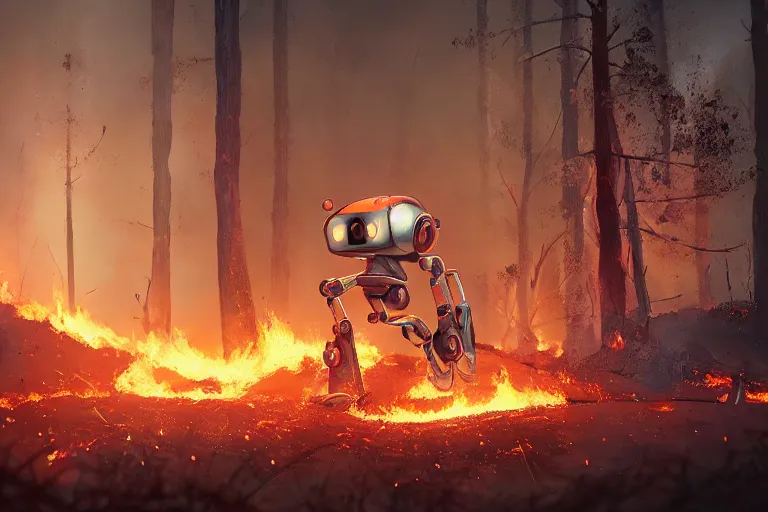 Image similar to a small scrawny robot taking some metal objects off the ground in a burning forest fire, by alejandro burdisio, trending on cgsociety, unreal engine