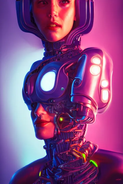 Image similar to portrait of a cyborg girl with a ribbed biomechanic armor and neon light, illustrated by Michael Whelan , digital painting, highly detailed, trending on artstation