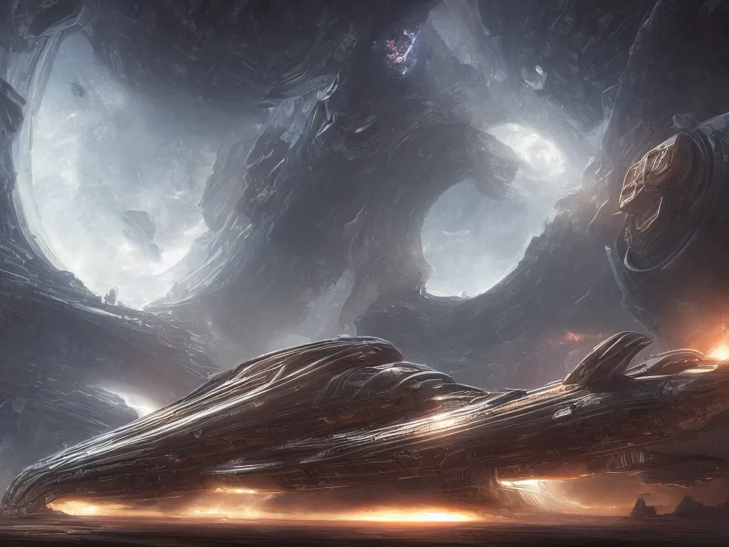 Image similar to deep space mausoleum spaceship, highly detailed, intricate, by Raphael Lacoste, Eddie Mendoza, Alex Ross, background of outer space nebulas by Pilar Gogar, concept art, matte painting, 8K HDR