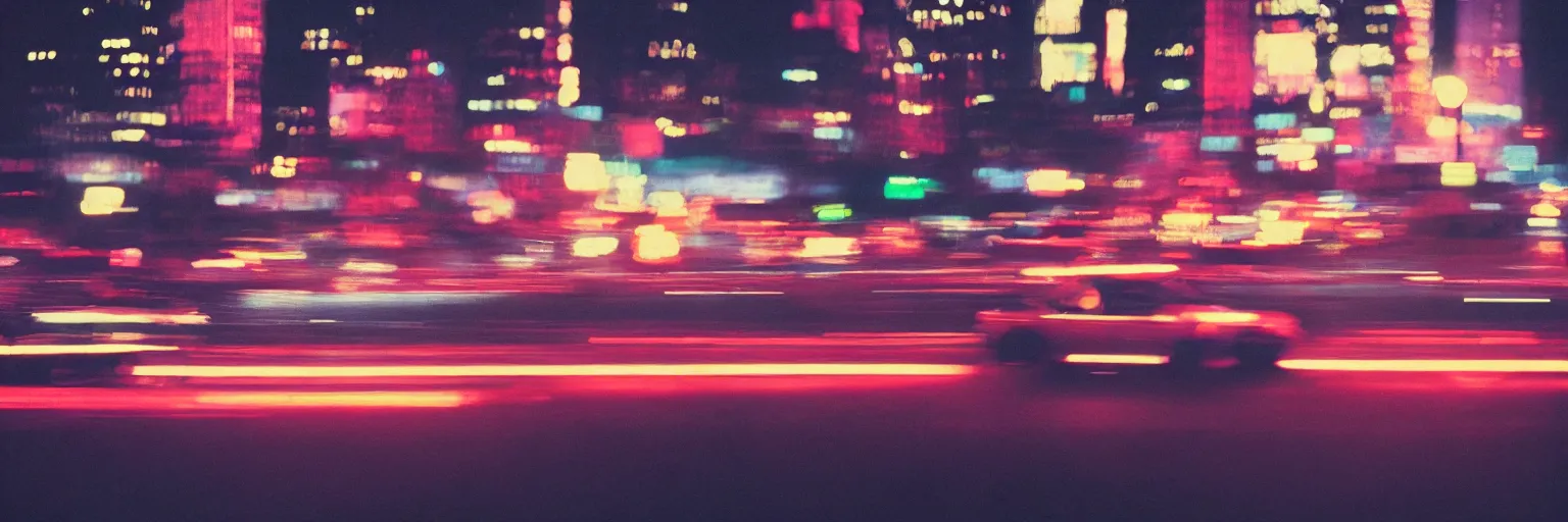 Image similar to 8 0 s neon movie still, portrait of high speed blurred traffic by the river with city in background, medium format color photography, movie directed by kar wai wong, hyperrealistic, photorealistic, high definition, highly detailed, tehnicolor, anamorphic lens