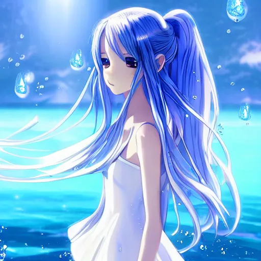 Image similar to a very beautiful anime girl wearing a elegant dress made of water standing in a azure blue crystal lake , full body, long white hair with azure blue highlights blending into the dress , azure blue watery eyes, full round face, seductive over the shoulder glances ,soft smile,tears, lens flare, cinematic lighting, medium shot, mid-shot, highly realistically detailed, trending on artstation, Unreal Engine 4k, Stanley Artgerm Lau, WLOP, Rossdraws, James Jean, Andrei Riabovitchev, Marc Simonetti, and Sakimichan