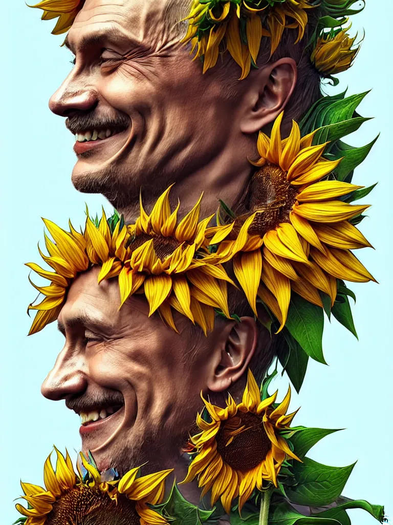 Image similar to digital art, centered full body of Putin smiling king, Sunflower crown, ,intricate, veins, by James Jean and by artgerm , by ross tran ultradetailed, charachter design, concept art, trending on artstation,