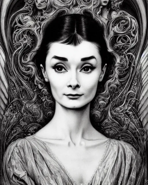 Prompt: matte painting portrait shot, beautiful audrey hepburn, gothic detailed and intricate by jean delville, gustave dore and marco mazzoni, art nouveau, symbolist, visionary, gothic, pre - raphaelite