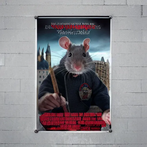 Prompt: rat as harry potter movie poster on a building