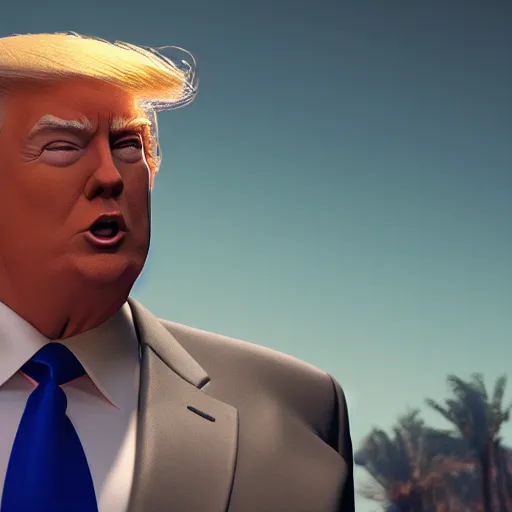 Prompt: Donald Trump as Duke Nukem, splash art, movie still, cinematic lighting, dramatic, octane render, long lens, shallow depth of field, bokeh, anamorphic lens flare, 8k, hyper detailed, 35mm film grain