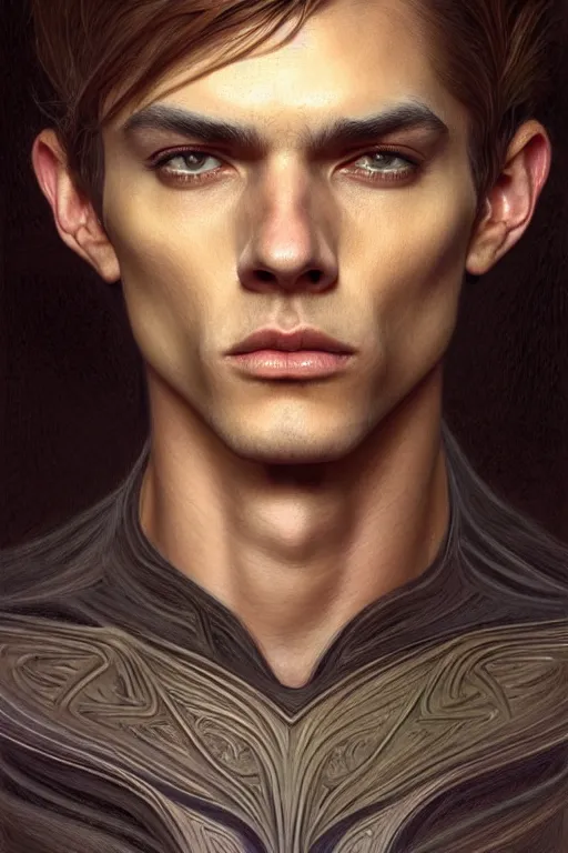 Image similar to portrait of a young androgynous man handsome, male, masculine, upper body, fantasy, fierce, sharp features, intricate, elegant, highly detailed, digital painting, artstation, niccoletta ceccoli, alex grey, concept art, matte, sharp focus, illustration, art by artgerm and greg rutkowski and alphonse mucha, symmetry!!