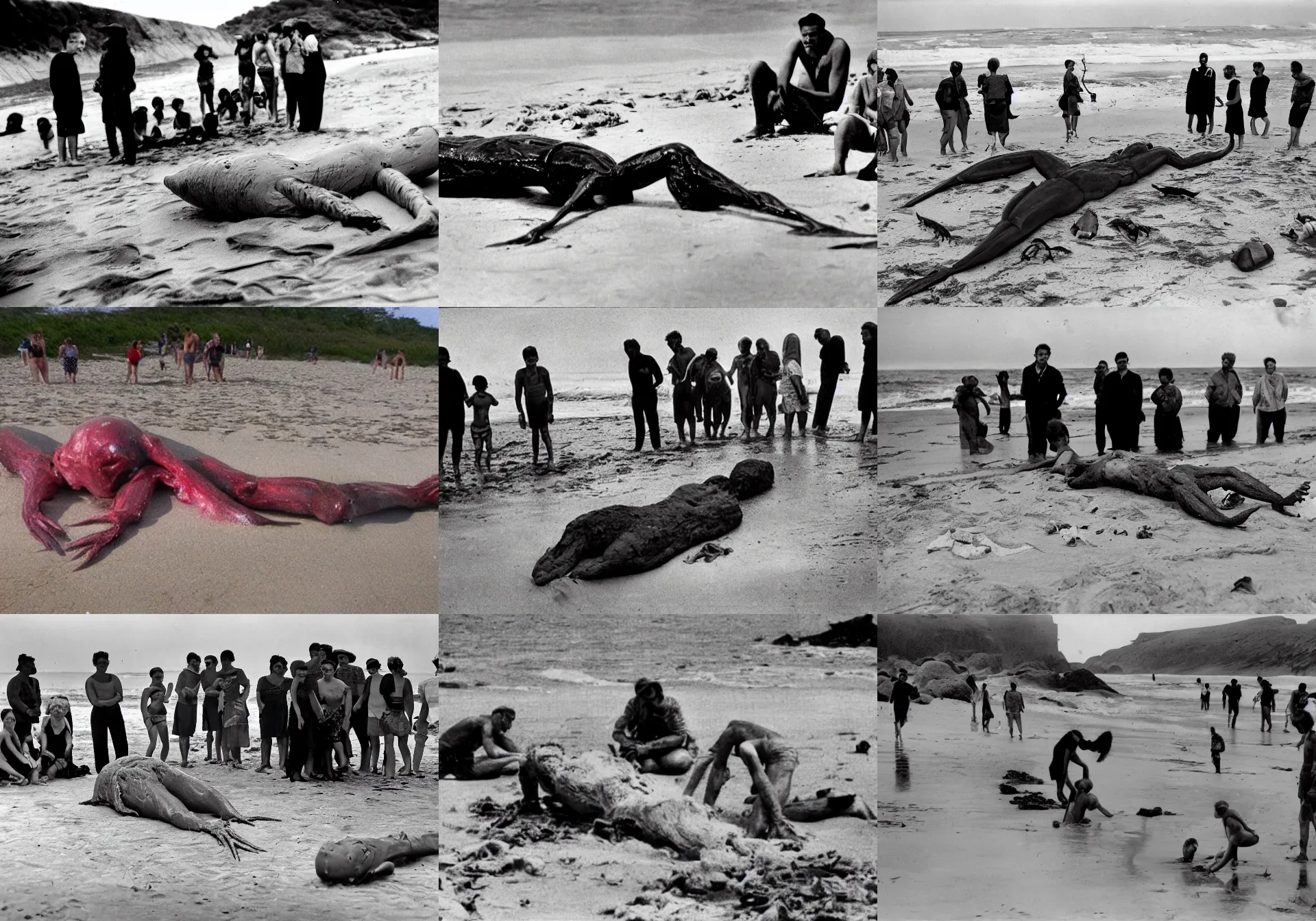 Prompt: color photo, a creepy creature washed up on the beach. the faces of the onlookers look uneasy.