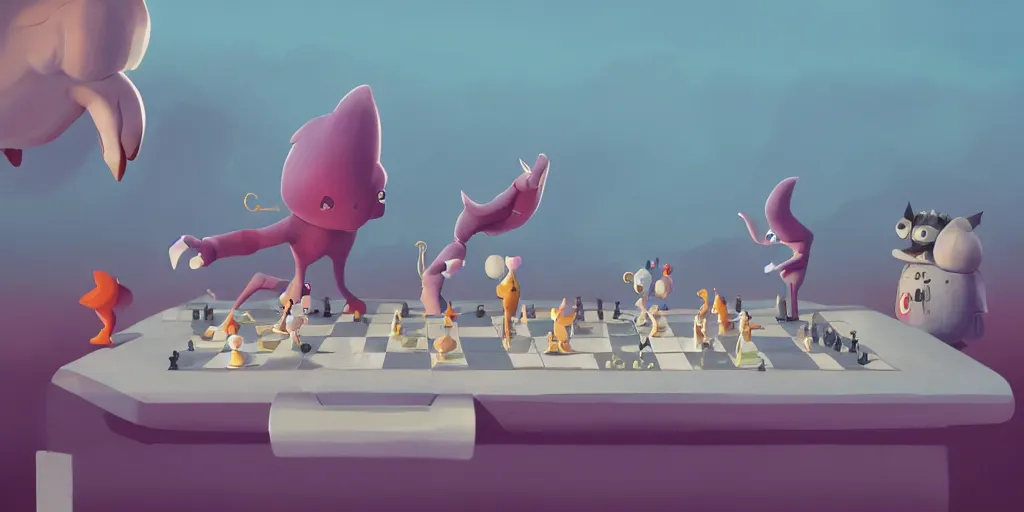 Image similar to cute cartoon monsters playing chess by Goro Fujita and Simon Stalenhag and Chiho Aoshima and Wes Anderson, 8k, trending on artstation, hyper detailed, cinematic