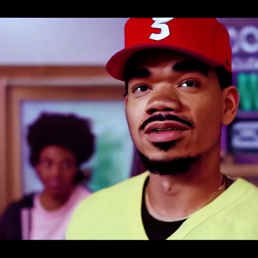 Image similar to a tv still of Chance The Rapper starring as a college student in a 1998 black sitcom, 40mm lens