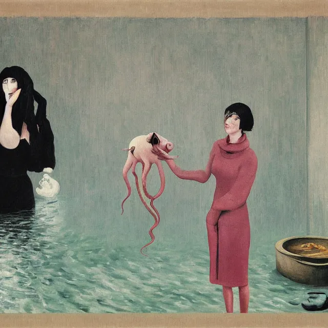 Image similar to tall female emo artist holding a pig in her flooded bathroom, octopus, water gushing from ceiling, painting of flood waters inside an artist's bathroom, a river flooding indoors, pomegranates, pigs, ikebana, water, octopus, river, rapids, waterfall, black swans, canoe, berries, acrylic on canvas, surrealist, by magritte and monet