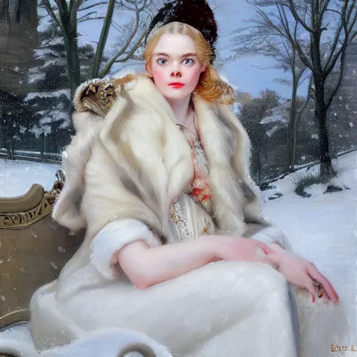 Image similar to Elle Fanning in the snow, by J. C. Leyendecker and Peter Paul Rubens, Extremely detailed. 8K. Award winning.