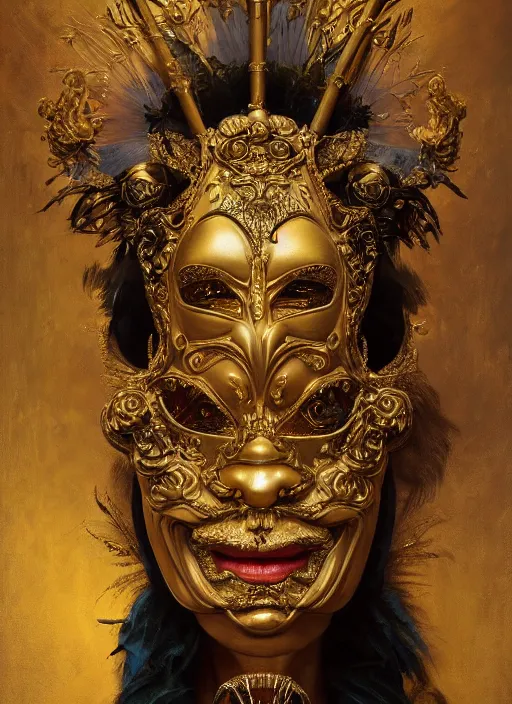 Prompt: highly detailed oil painting | very intricate | cinematic lighting | award - winning | golden baroque tiki mask fashion by alexander mcqueen | by roberto ferri, by tom bagshaw, by j. c. leyendecker and klimt, american romanticism, by austin osman spare, artstation, cgsociety, official art, octane