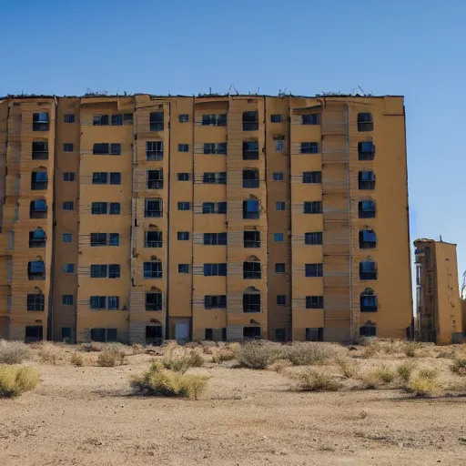 Image similar to A soviet-era residential block standing in the middle of an empty desert, sunny weather