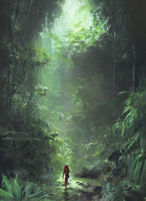 Image similar to a girl in a dark jungle landscape, by craig mullins - w 7 0 0