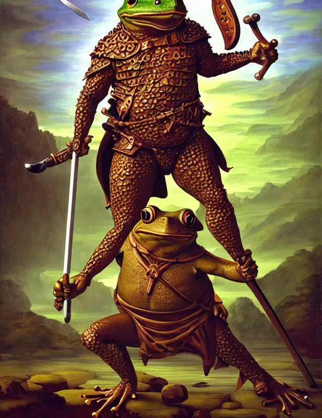 Image similar to anthropomorphic bipedal frog that is dressed as a medieval barbarian, and wielding a club weapon, as a renaissance oil painting and d & d character art, by alex grey, standing, fullbody, floating bubbles, enlightenment, mystic, concept art, award - winning, extremely detailed, sharp focus