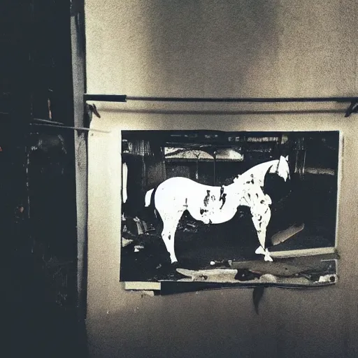 Prompt: “photo of a ripped, filthy dirty off-white t-shirt with the picture of a horse on it, hanging on a dirty concrete wall in a dark room with the floor covered in trash and garbage. Flash photo. Cursed image.”