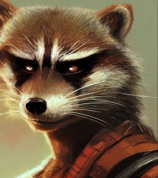 Prompt: a closeup portrait of Rocket Raccoon by Craig Mullins; extraordinary-masterpiece; realistic-lighting; anatomically-correct; 90mm; f/1.4