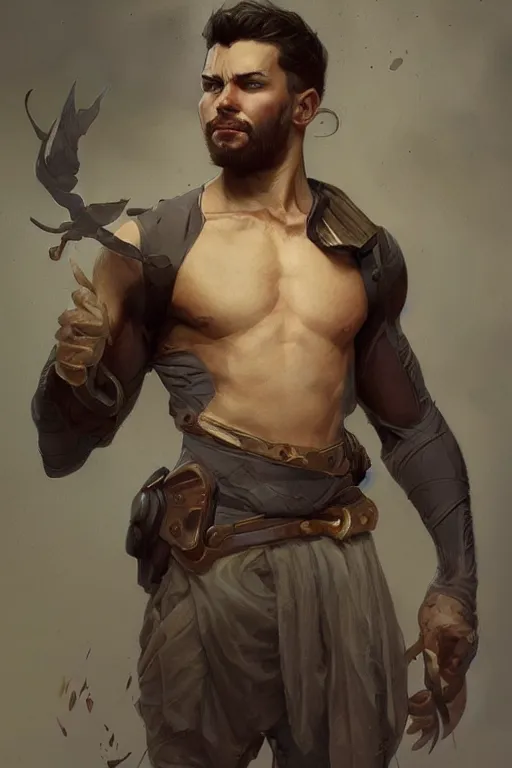 Image similar to Young man, no beard, muscular upper body, D&D, fantasy, realistic physic, accurate hyper-realistic body, elegant, highly detailed, digital painting, artstation, concept art, smooth, sharp focus, illustration, art by artgerm and greg rutkowski and alphonse mucha