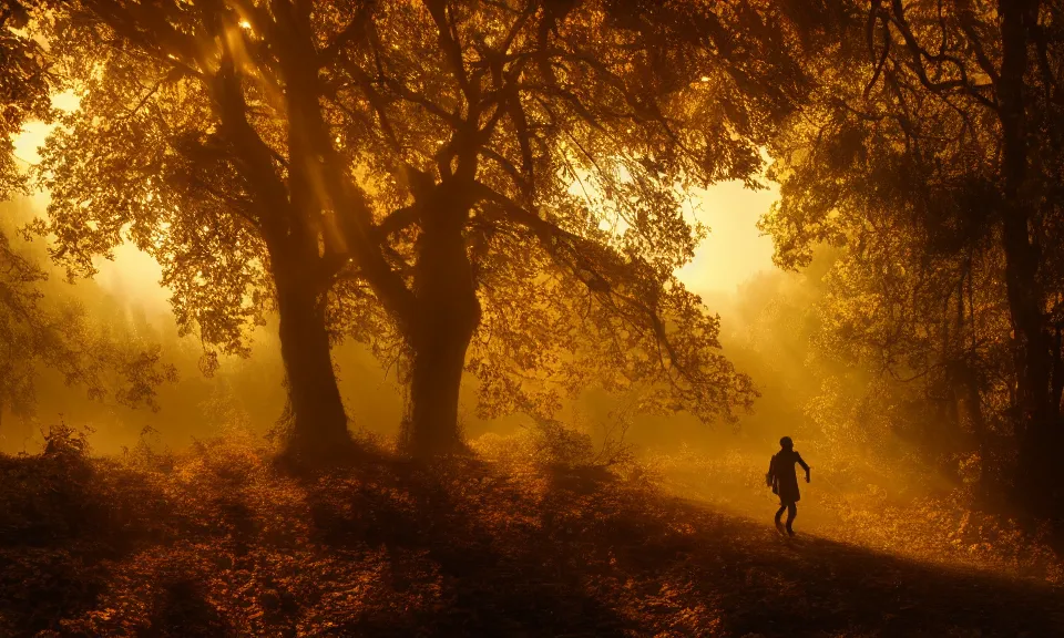 Image similar to A matte painting of an adventurer walking along the river bank in a forest during the golden hour in autumn, surrounded by dust and volumetric light shining through the tree tops