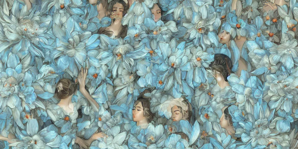 Prompt: breathtaking detailed concept art painting pattern of faces goddesses of light blue flowers with anxious piercing eyes and blend of flowers and birds, by hsiao - ron cheng and john james audubon, bizarre compositions, exquisite detail, extremely moody lighting, 8 k